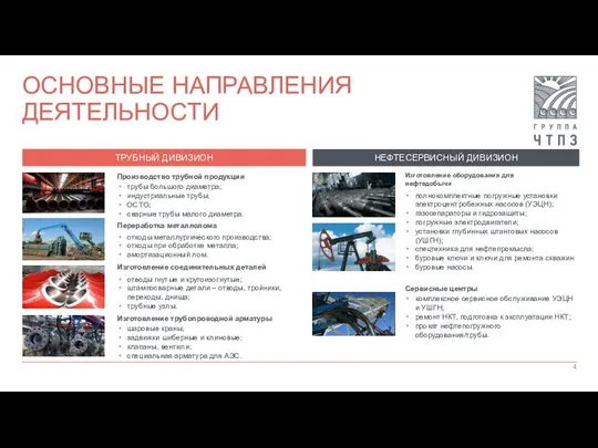 ОСНОВНЫЕ НАПРАВЛЕНИЯ ДЕЯТЕЛЬНОСТИ Производство трубной продукции трубы большого диаметра; индустриальные трубы;