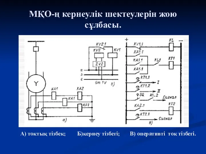 МҚО-ң кернеулік шектеулерін жою сұлбасы. А) токтық тізбек; Б)кернеу тізбегі; В) оперативті ток тізбегі.