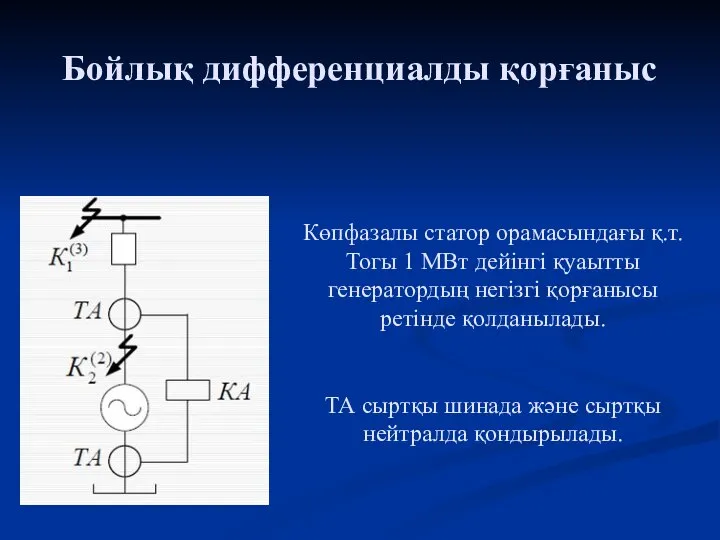 Бойлық дифференциалды қорғаныс Көпфазалы статор орамасындағы қ.т. Тогы 1 МВт дейінгі