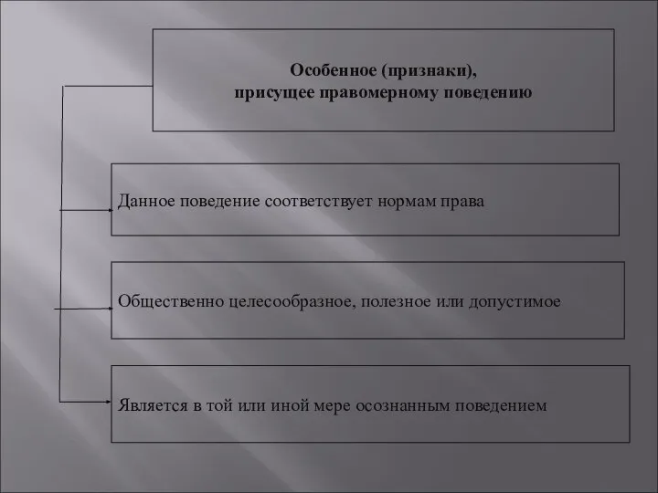 Особенное (признаки), присущее правомерному поведению Данное поведение соответствует нормам права Общественно