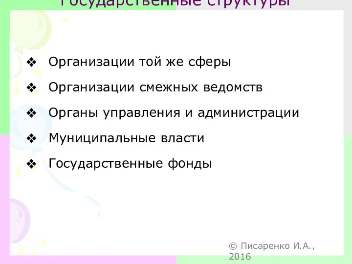 Государственные структуры Организации той же сферы Организации смежных ведомств Органы управления