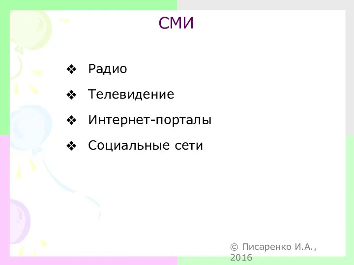 СМИ Радио Телевидение Интернет-порталы Социальные сети © Писаренко И.А., 2016