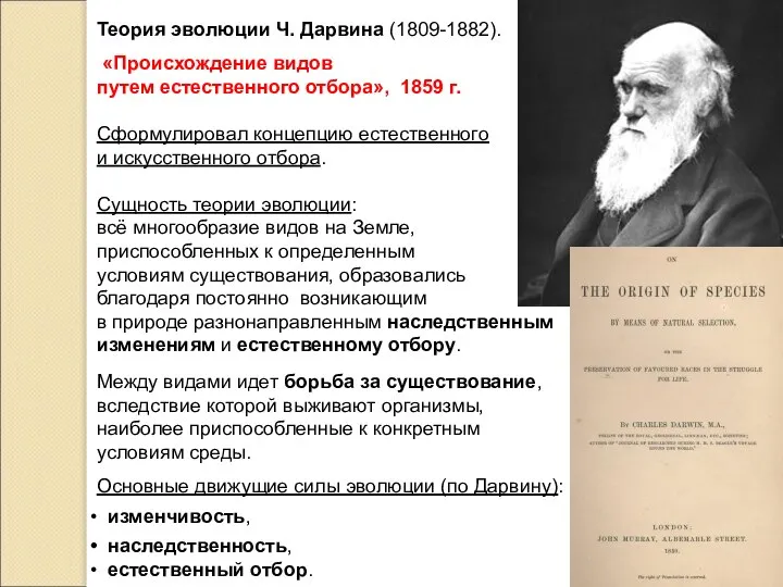 Теория эволюции Ч. Дарвина (1809-1882). «Происхождение видов путем естественного отбора», 1859