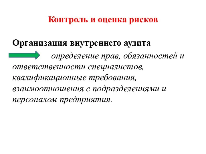 Контроль и оценка рисков Организация внутреннего аудита определение прав, обязанностей и