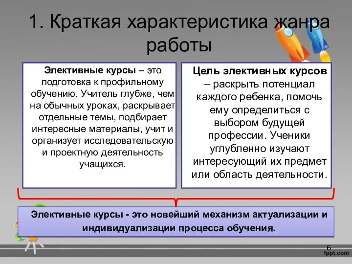 1. Краткая характеристика жанра работы Элективные курсы – это подготовка к