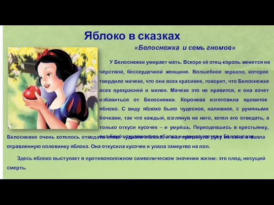 Яблоко в сказках «Белоснежка и семь гномов» У Белоснежки умирает мать.