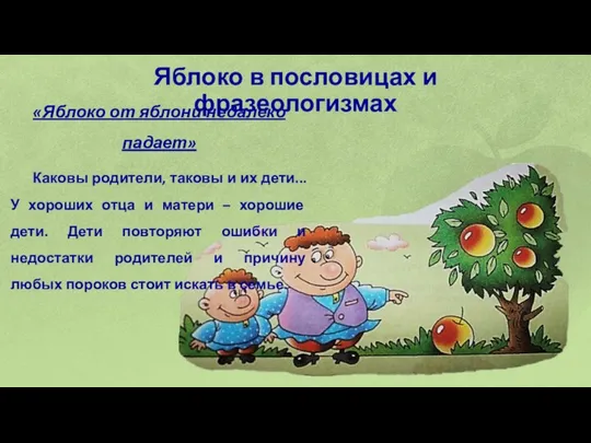 Яблоко в пословицах и фразеологизмах «Яблоко от яблони недалеко падает» Каковы