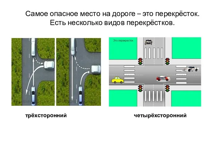 Самое опасное место на дороге – это перекрёсток. Есть несколько видов перекрёстков. трёхсторонний четырёхсторонний