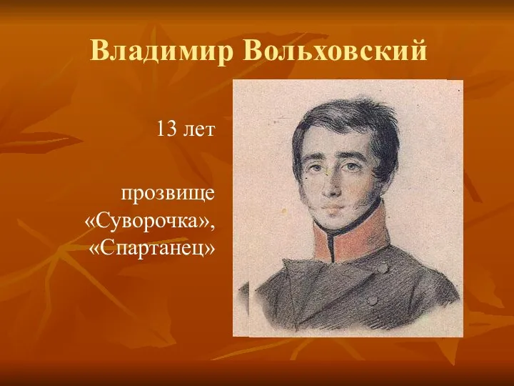 13 лет прозвище «Суворочка», «Спартанец» Владимир Вольховский