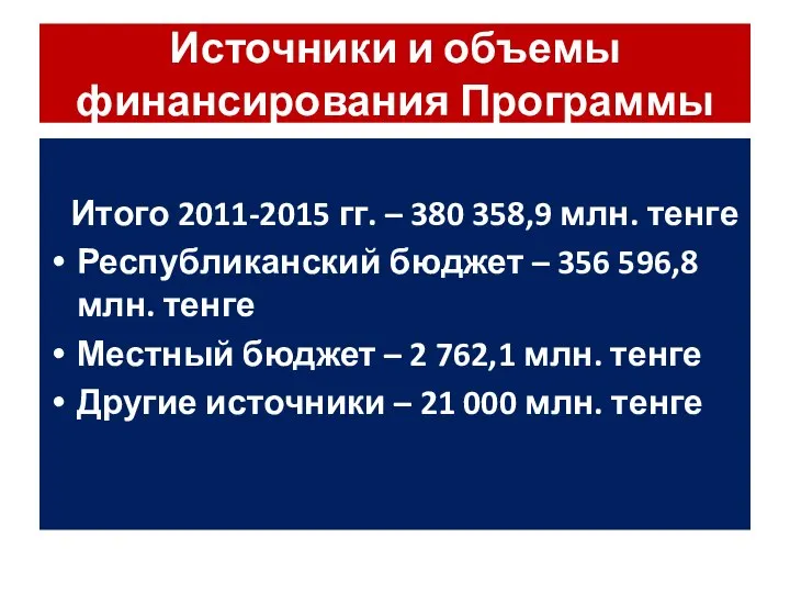 Источники и объемы финансирования Программы Итого 2011-2015 гг. – 380 358,9