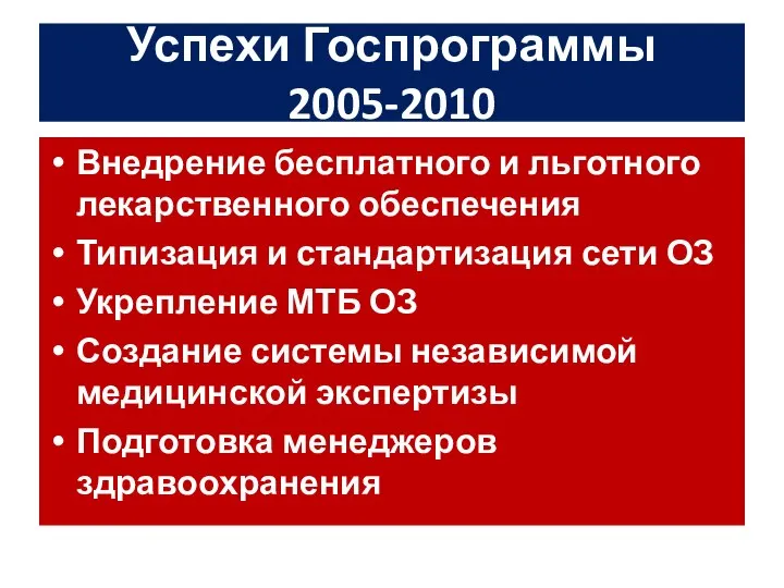 Успехи Госпрограммы 2005-2010 Внедрение бесплатного и льготного лекарственного обеспечения Типизация и