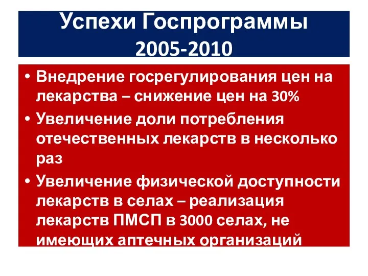 Успехи Госпрограммы 2005-2010 Внедрение госрегулирования цен на лекарства – снижение цен