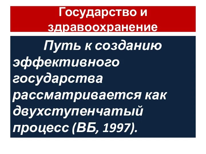 Государство и здравоохранение Путь к созданию эффективного государства рассматривается как двухступенчатый процесс (ВБ, 1997).