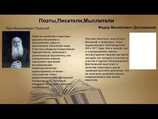 Поэты,Писатели,Мыслители Лев Николаевич Толстой Федор Михайлович Достоевский Один из наиболее известных