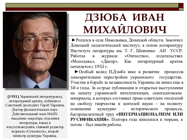 (1931) Украинский литературовед, литературный критик, публицист. Советский диссидент. Герой Украины. Доктор