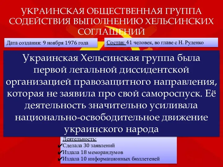 УКРАИНСКАЯ ОБЩЕСТВЕННАЯ ГРУППА СОДЕЙСТВИЯ ВЫПОЛНЕНИЮ ХЕЛЬСИНСКИХ СОГЛАШЕНИЙ Дата создания: 9 ноября