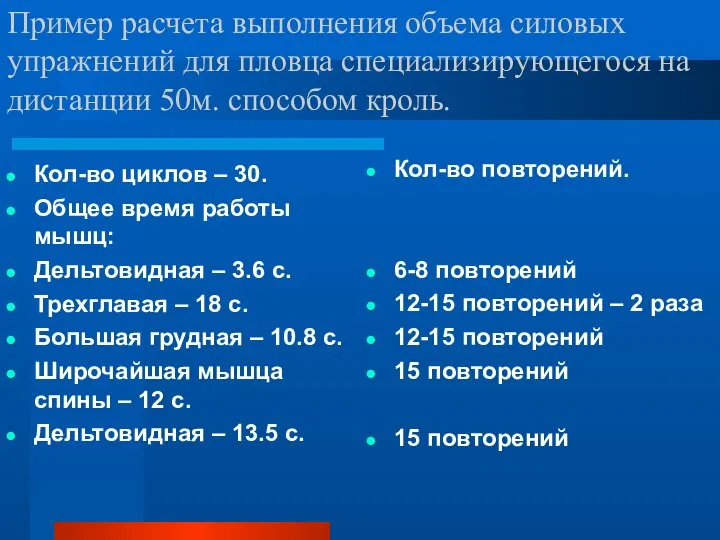 Пример расчета выполнения объема силовых упражнений для пловца специализирующегося на дистанции