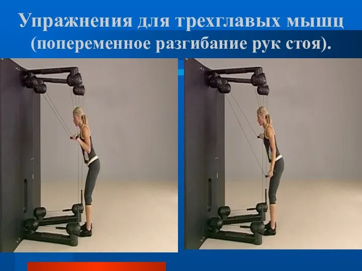 Упражнения для трехглавых мышц (попеременное разгибание рук стоя).