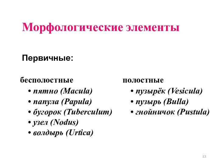 Морфологические элементы Первичные: полостные пузырёк (Vesicula) пузырь (Bulla) гнойничок (Pustula) бесполостные