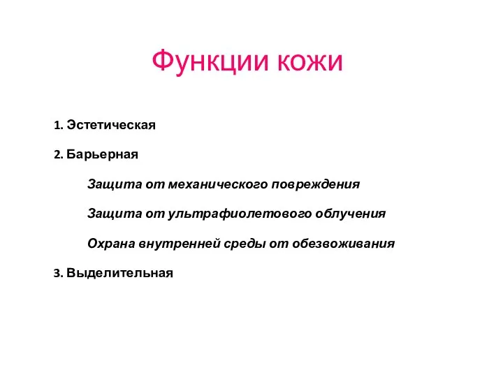 Функции кожи 1. Эстетическая 2. Барьерная Защита от механического повреждения Защита