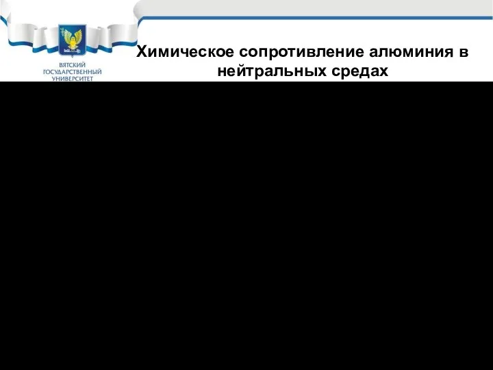 Химическое сопротивление алюминия в нейтральных средах Алюминий не подвержен общей коррозии