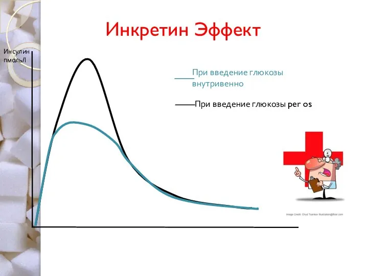 Инкретин Эффект При введение глюкозы внутривенно При введение глюкозы per os Инсулин пмоль/l