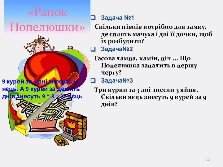 «Ранок Попелюшки» Задача №1 Скільки півнів потрібно для замку, де сплять