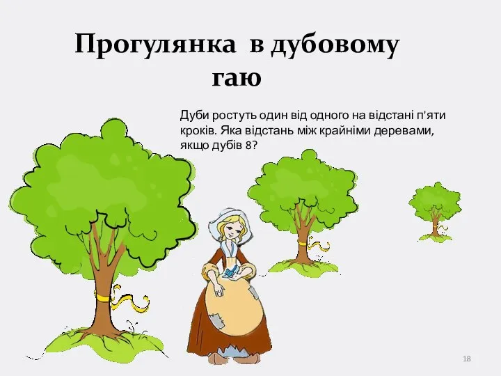 Дуби ростуть один від одного на відстані п'яти кроків. Яка відстань