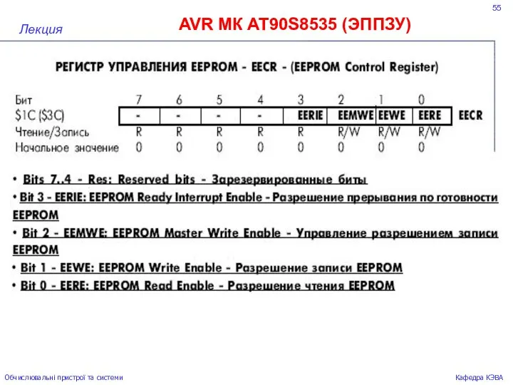 55 AVR МК AT90S8535 (ЭППЗУ) Лекция Обчислювальні пристрої та системи Кафедра КЭВА