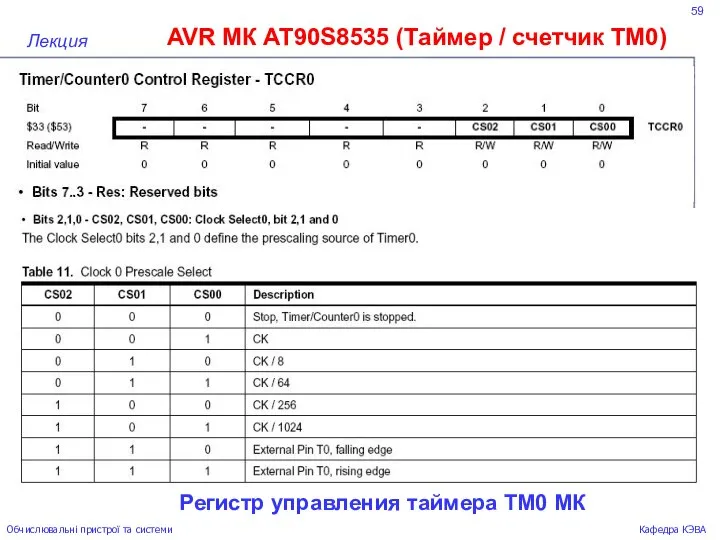 59 AVR МК AT90S8535 (Таймер / счетчик ТМ0) Лекция Обчислювальні пристрої