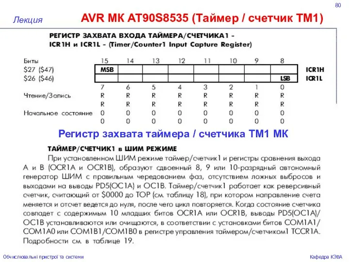 80 AVR МК AT90S8535 (Таймер / счетчик ТМ1) Лекция Обчислювальні пристрої