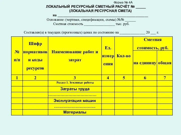 Форма № 4А ЛОКАЛЬНЫЙ РЕСУРСНЫЙ СМЕТНЫЙ РАСЧЁТ № _____ (ЛОКАЛЬНАЯ РЕСУРСНАЯ