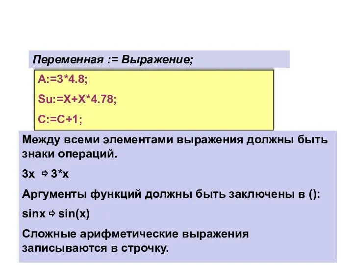 Переменная := Выражение; A:=3*4.8; Su:=X+X*4.78; C:=C+1; Между всеми элементами выражения должны