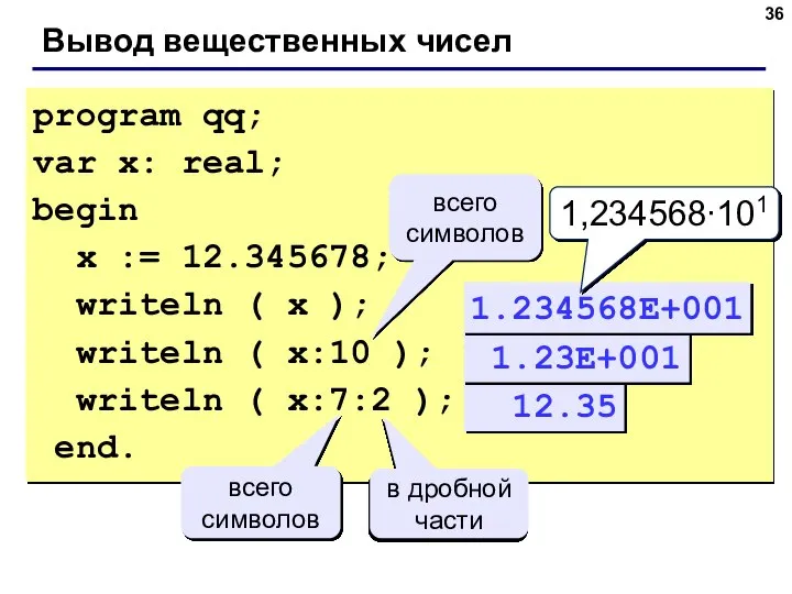 Вывод вещественных чисел program qq; var x: real; begin x :=