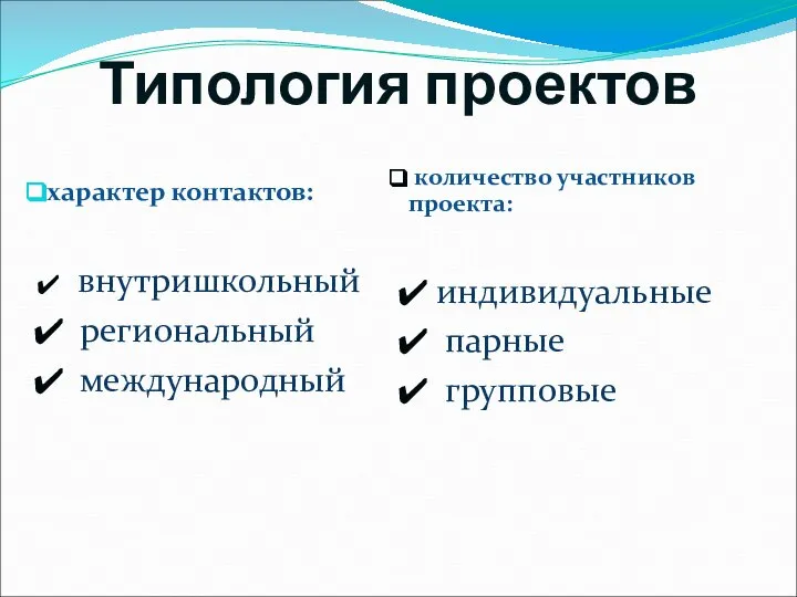 Типология проектов характер контактов: количество участников проекта: внутришкольный региональный международный индивидуальные парные групповые