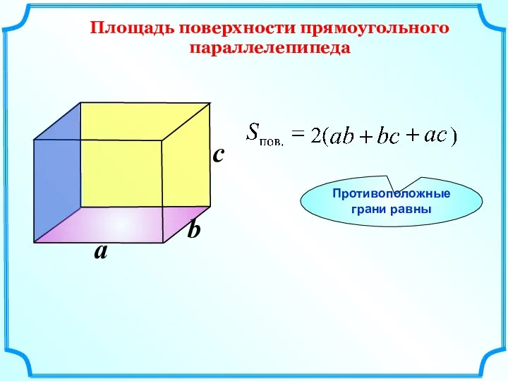 b a c Противоположные грани равны Площадь поверхности прямоугольного параллелепипеда