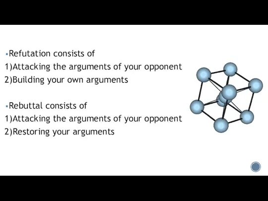 Refutation consists of 1)Attacking the arguments of your opponent 2)Building your