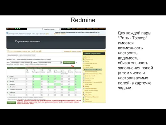 Redmine Для каждой пары "Роль - Трекер" имеется возможность настроить видимость,