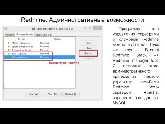 Redmine. Административные возможности Программу для управления серверами и службами Redmine можно