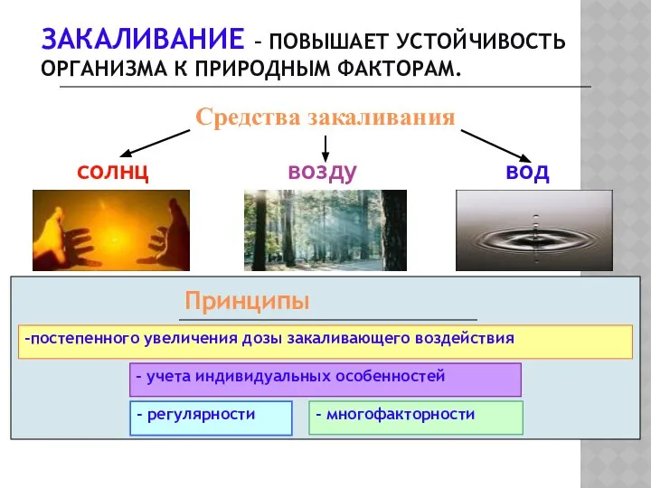 ЗАКАЛИВАНИЕ – ПОВЫШАЕТ УСТОЙЧИВОСТЬ ОРГАНИЗМА К ПРИРОДНЫМ ФАКТОРАМ. Средства закаливания солнце воздух вода Принципы закаливания