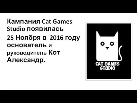 Кампания Cat Games Studio появилась 25 Ноября в 2016 году основатель и руководитель Кот Александр.