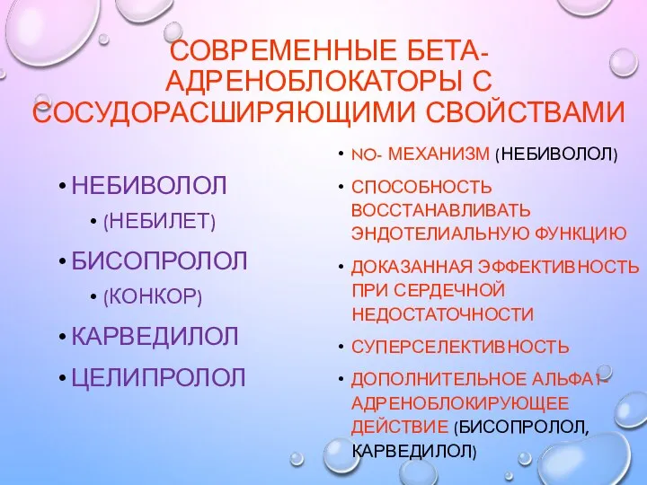 СОВРЕМЕННЫЕ БЕТА-АДРЕНОБЛОКАТОРЫ С СОСУДОРАСШИРЯЮЩИМИ СВОЙСТВАМИ НЕБИВОЛОЛ (НЕБИЛЕТ) БИСОПРОЛОЛ (КОНКОР) КАРВЕДИЛОЛ ЦЕЛИПРОЛОЛ