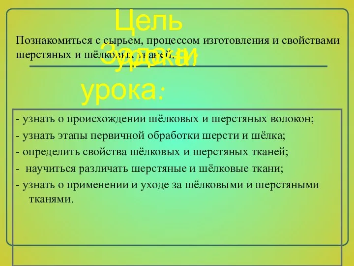 Задачи урока: - узнать о происхождении шёлковых и шерстяных волокон; -