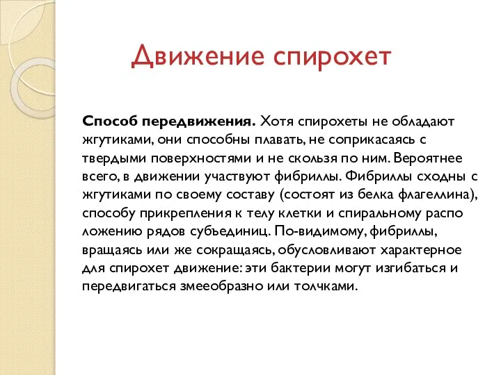 Движение спирохет Способ передвижения. Хотя спирохеты не обладают жгутиками, они способны