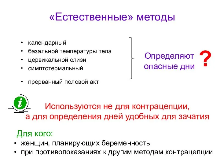 «Естественные» методы календарный базальной температуры тела цервикальной слизи симптотермальный прерванный половой