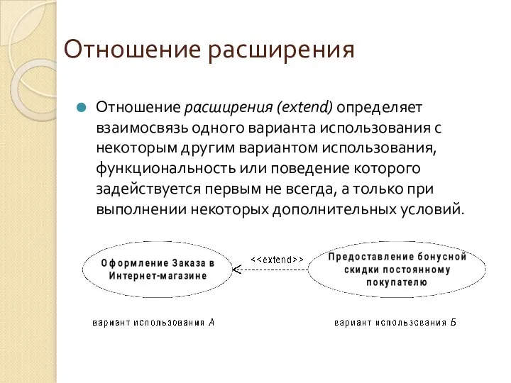 Отношение расширения Отношение расширения (extend) определяет взаимосвязь одного варианта использования с