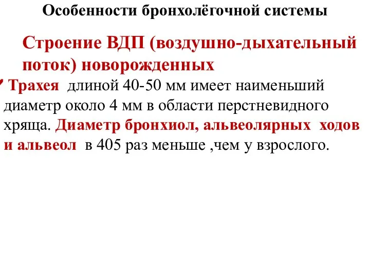 Особенности бронхолёгочной системы Строение ВДП (воздушно-дыхательный поток) новорожденных Трахея длиной 40-50