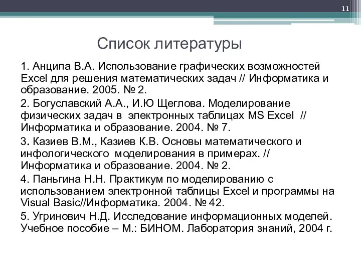 Список литературы 1. Анципа В.А. Использование графических возможностей Excel для решения