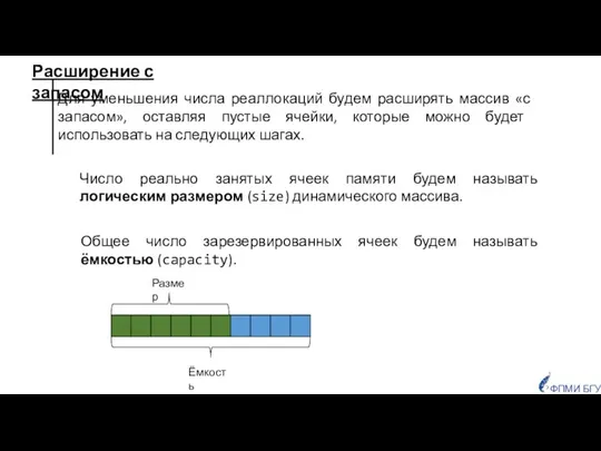 Для уменьшения числа реаллокаций будем расширять массив «с запасом», оставляя пустые