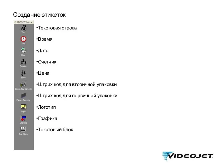Создание этикеток Текстовая строка Время Дата Счетчик Цена Штрих-код для вторичной